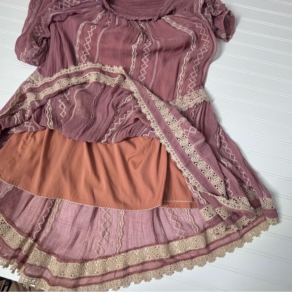 Floreat Boho Sweet Lace Peasant Embroidered Dress Dusty Rose-Peach Gauze Large - Picture 13 of 16